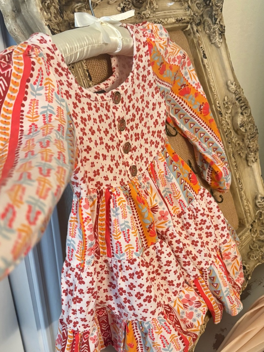 Vince Camuto Girls' White Dress with Orange & Pink Floral Patchwork